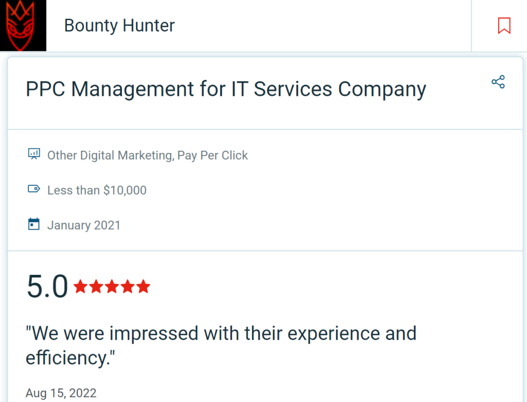 Bounty hunter's recent project rated 5 stars 