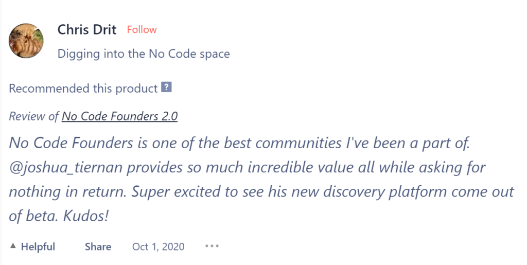 Chris Drit recommendation of no-code founders