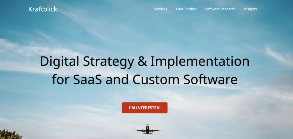 Kraftblick hero section saying: Digital Strategy & Implementation for SaaS and Custom Software 